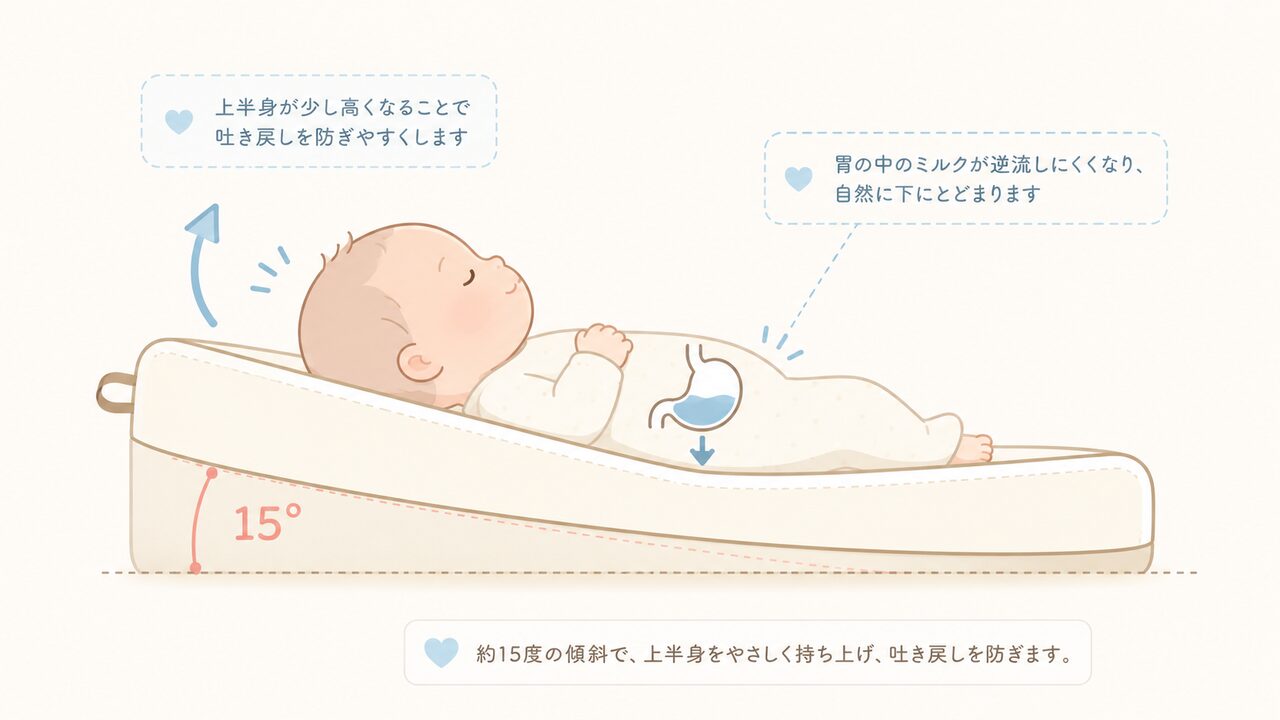 Nidoo Bioの15度傾斜による吐き戻し防止の仕組み図